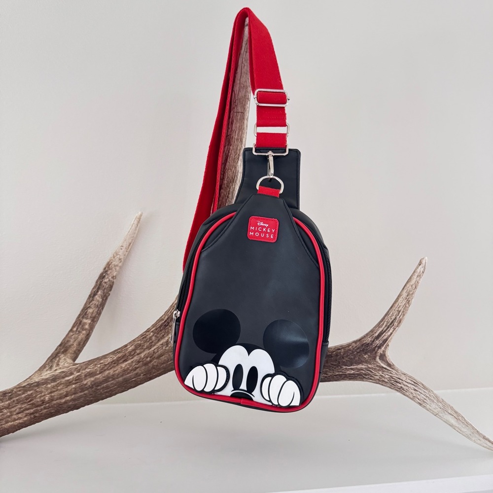 Disney Mickey Mouse Sling Bag Crossbody Backpack Black Red Peeking Mickey